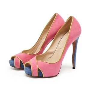 Nicholas Kirkwood pink, blue & gold suede peep toe platform heels – US 9 (IT 39)